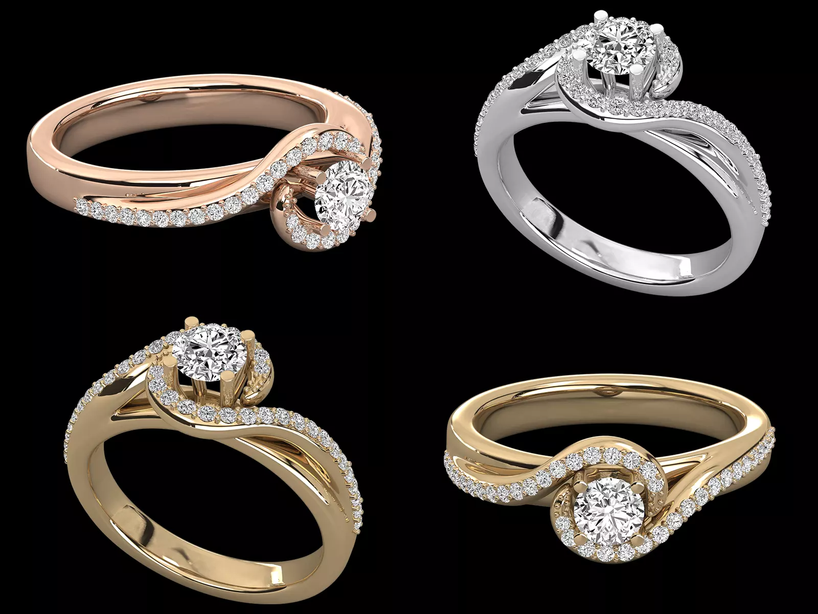 Luxury Wave Halo Pave Solitaire Diamond Ring CAD Design 3D print model