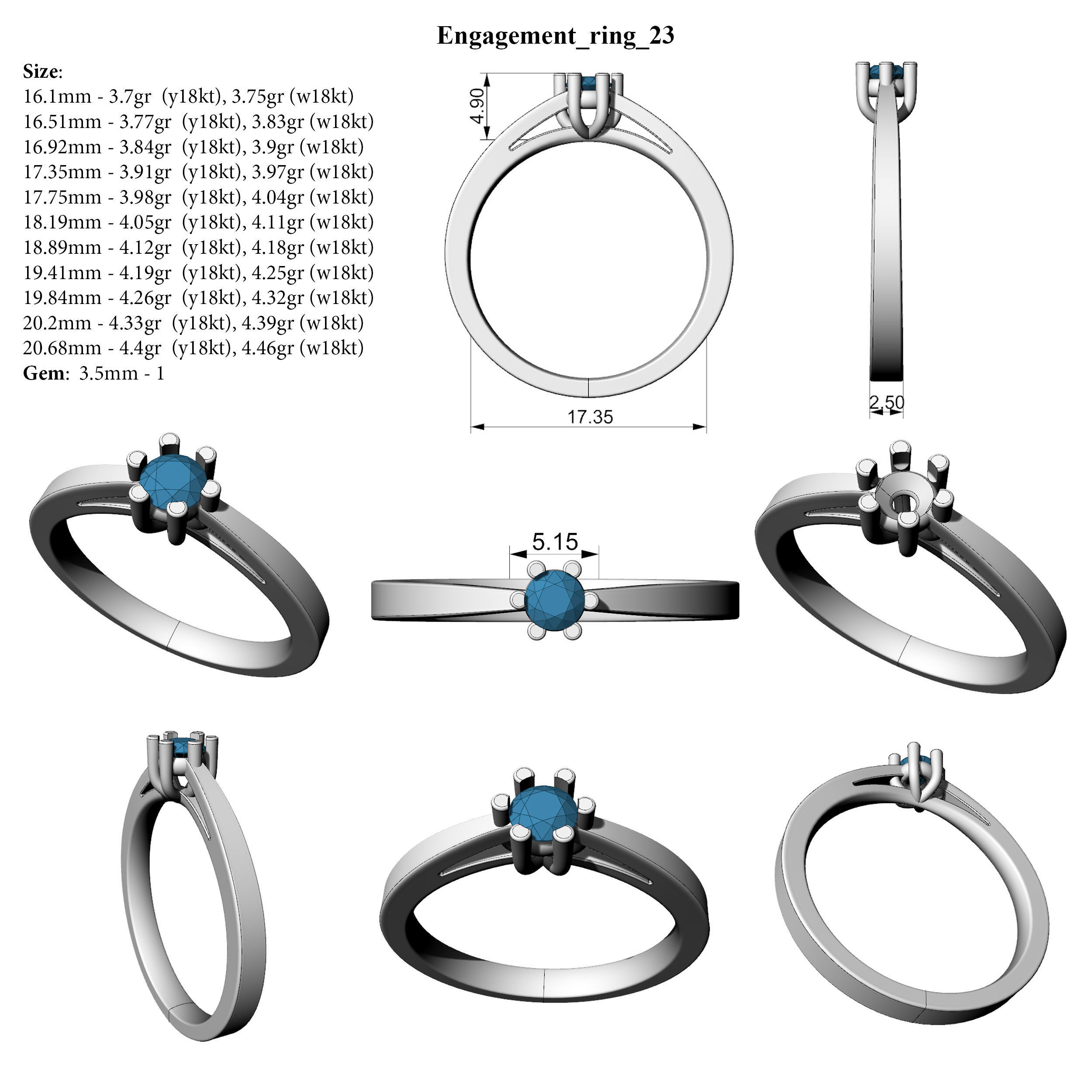 Engagement ring 23 ALL SIZES 3D print model_2