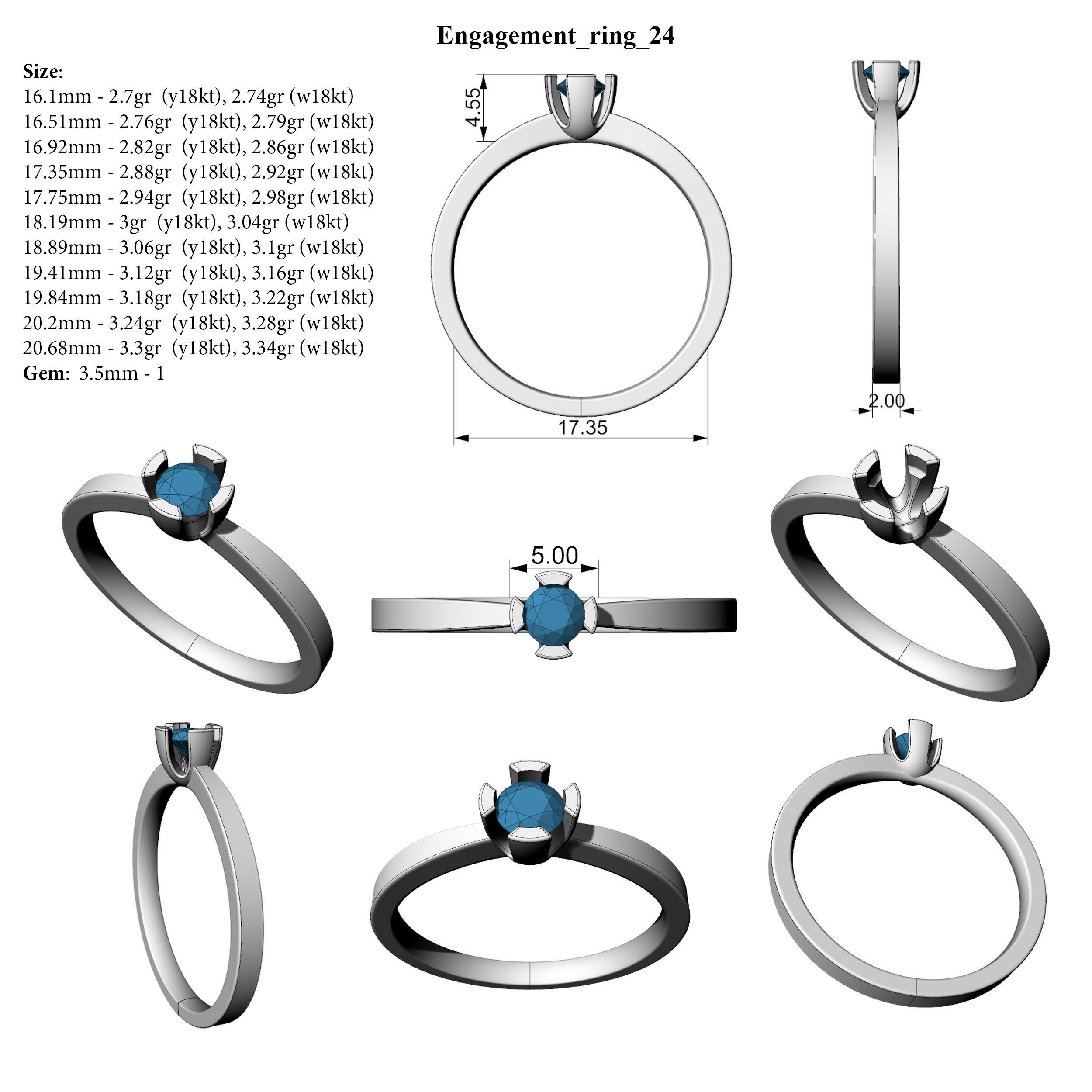 Engagement ring 24 ALL SIZES 3D print model_2