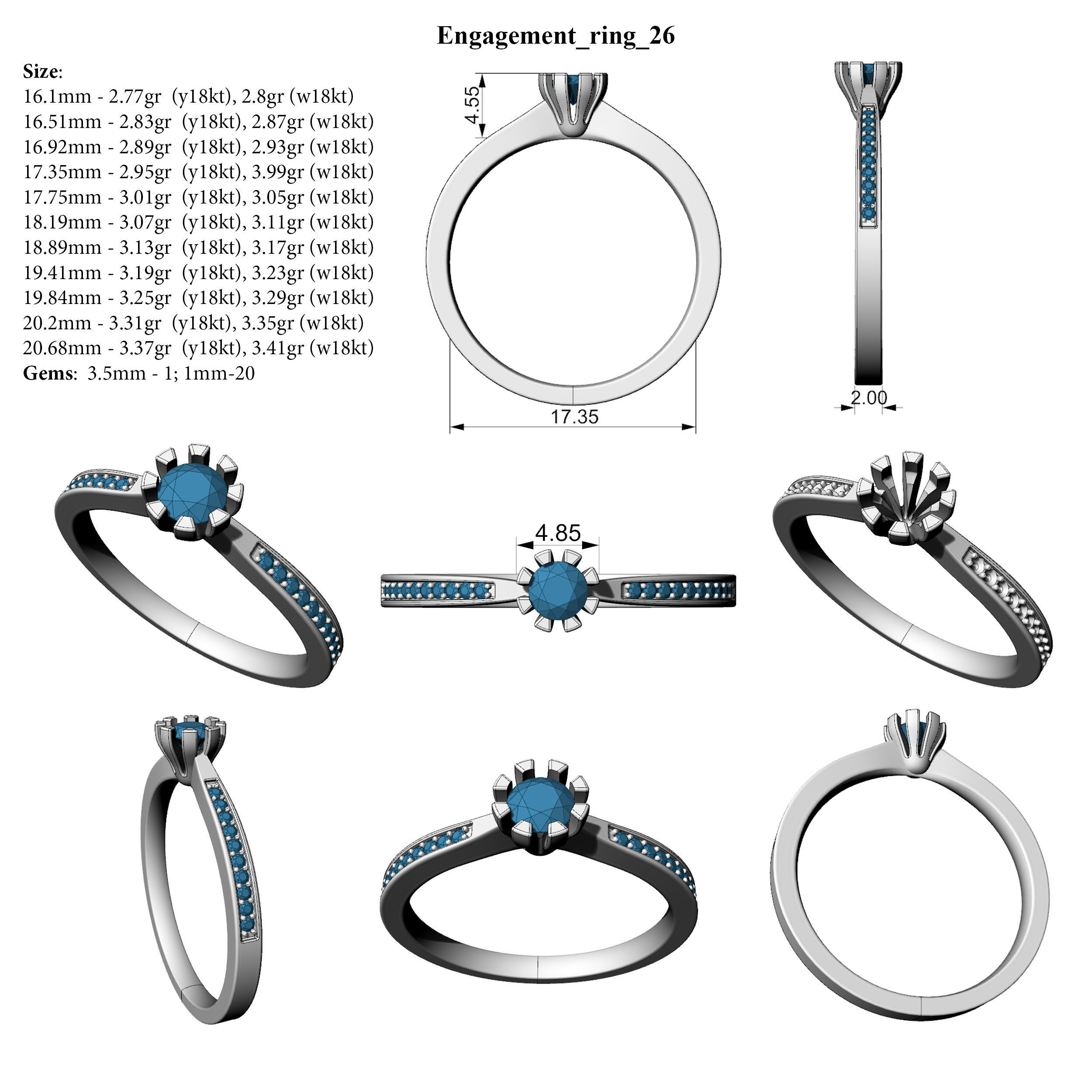 Engagement ring 26 ALL SIZES 3D print model_2