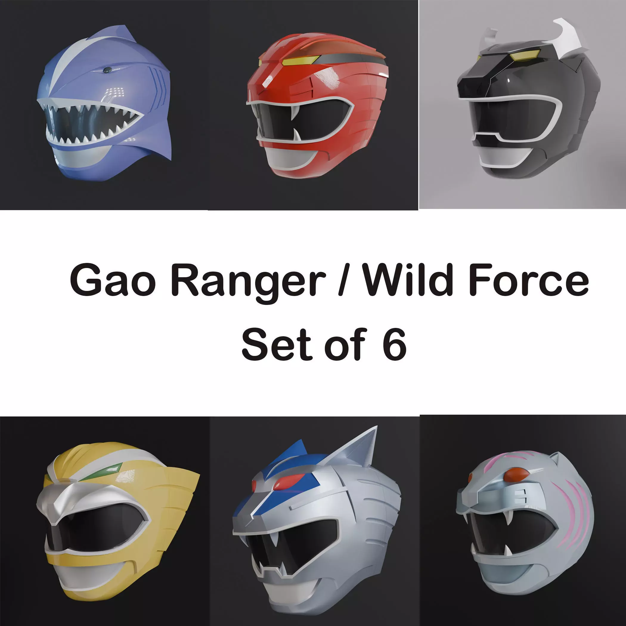 SET of 6 Power Rangers Wild Force Gao Helmet Wearable model 3D print model
