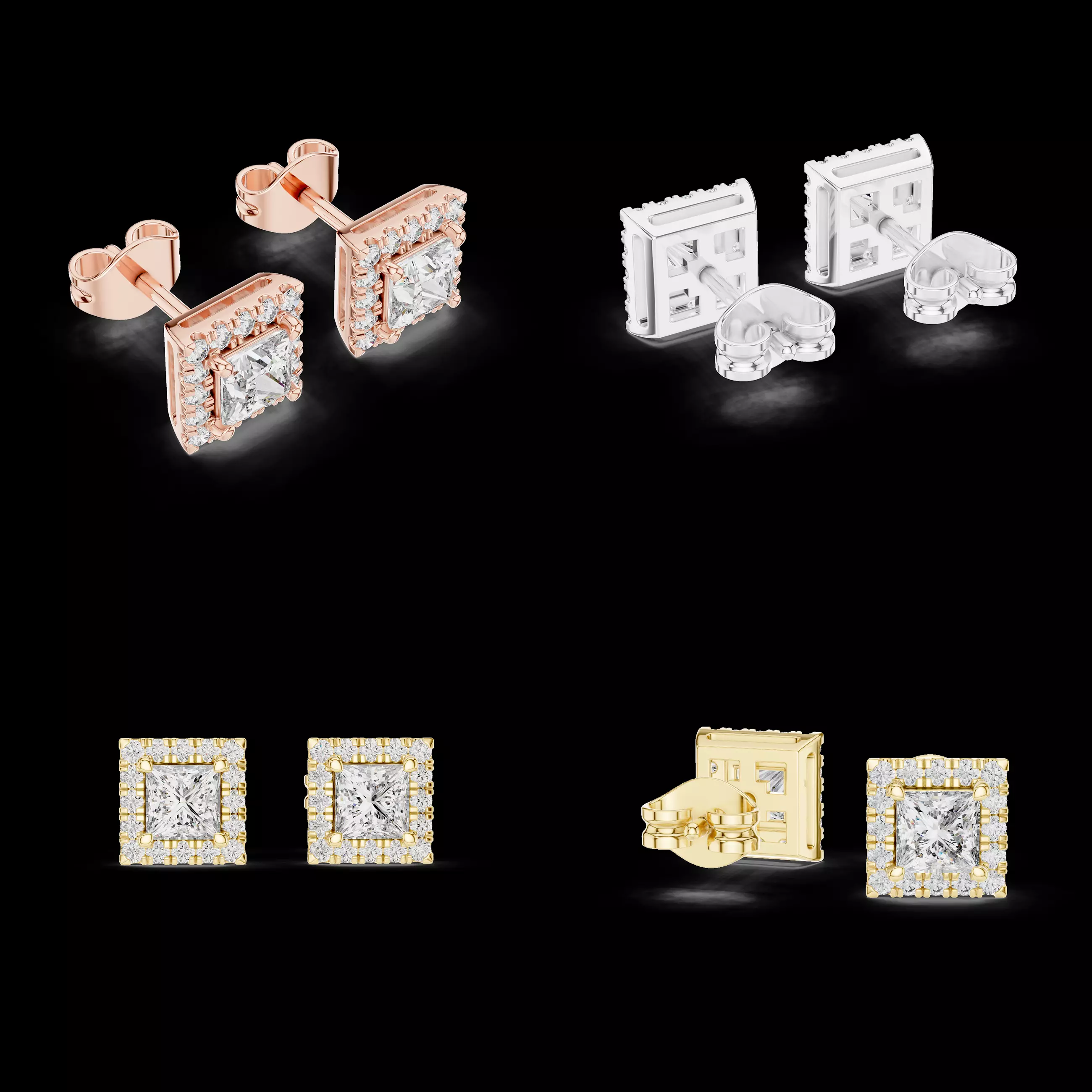 Square Halo Solitaire Stud Earrings 3D CAD Model Jewelry 3D print model