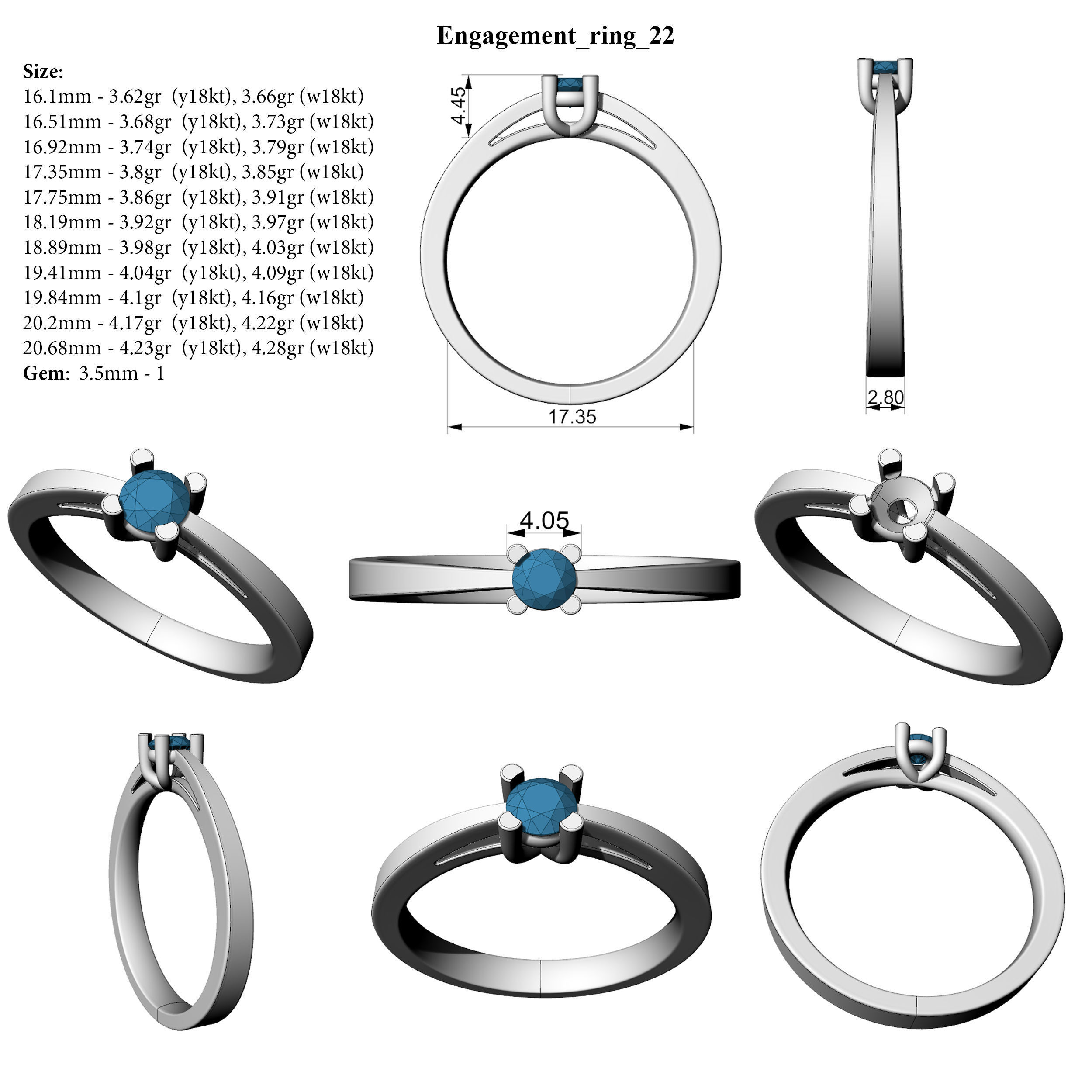 Engagement ring 22 ALL SIZES 3D print model_2