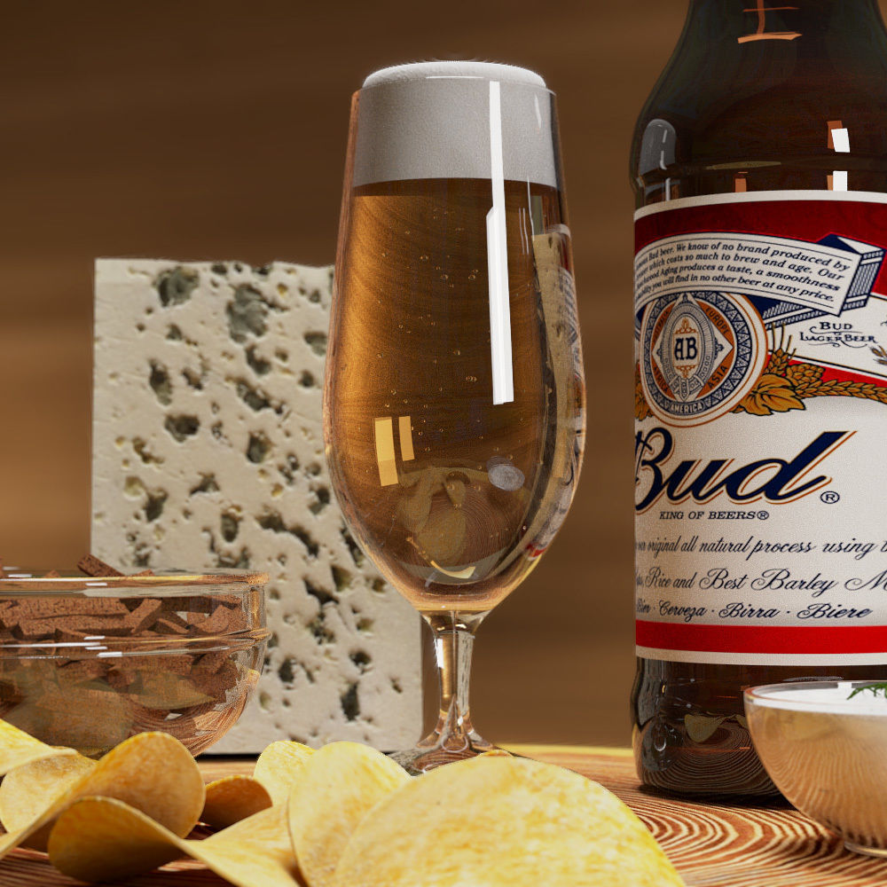 Beer Set with glass of and chips on wooden board 3D model_4