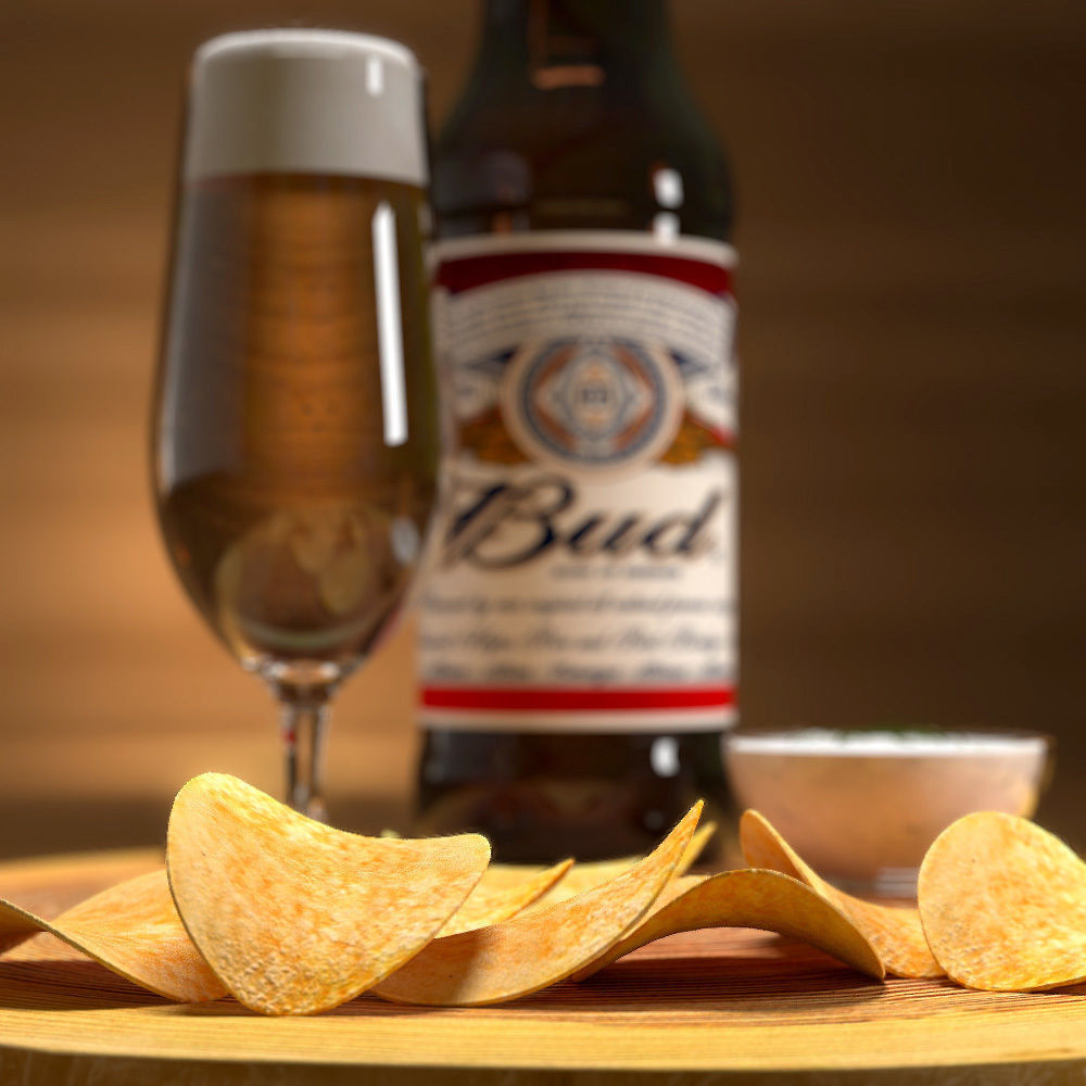Beer Set with glass of and chips on wooden board 3D model_3