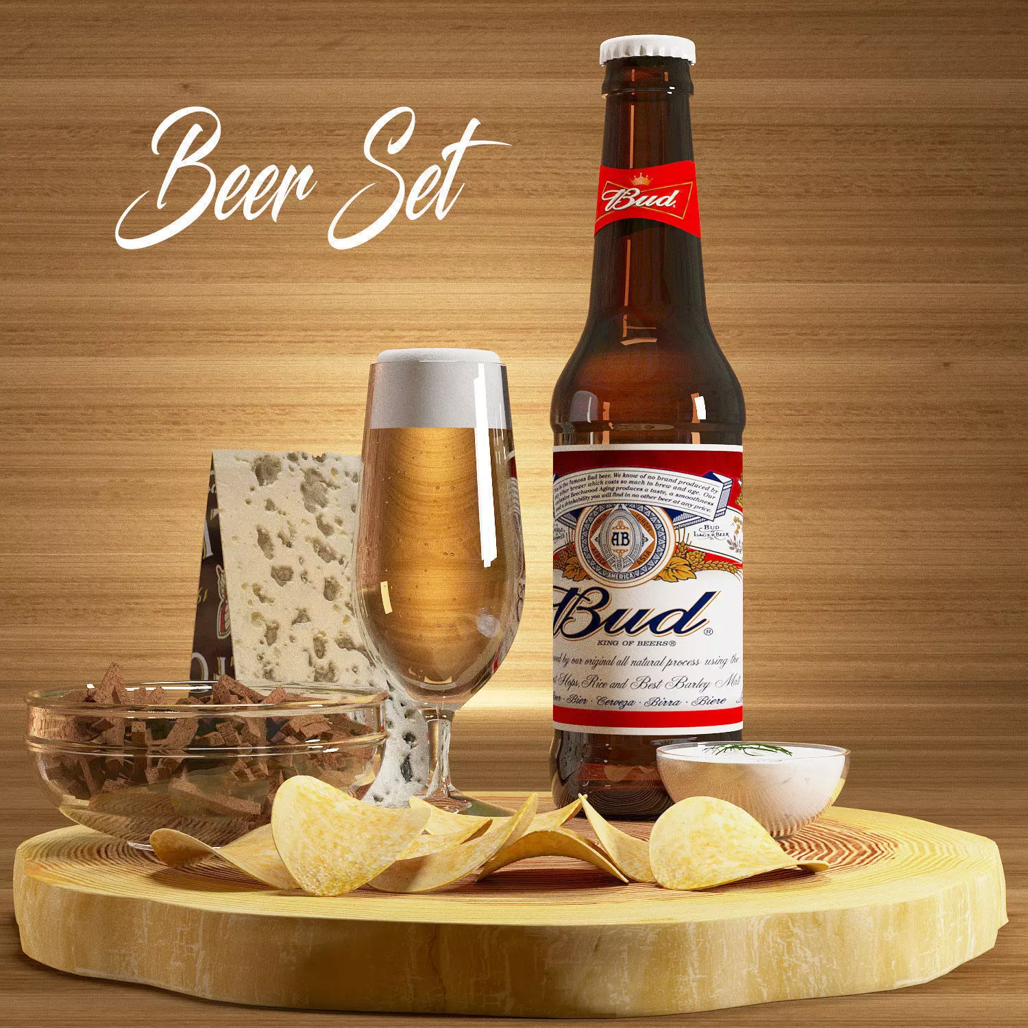 Beer Set with glass of and chips on wooden board 3D model_0