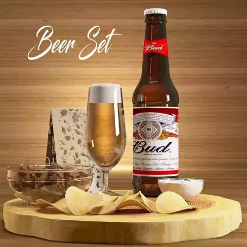 Beer Set with glass of and chips on wooden board