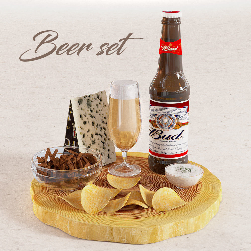 Beer Set with glass of and chips on wooden board 3D model_1