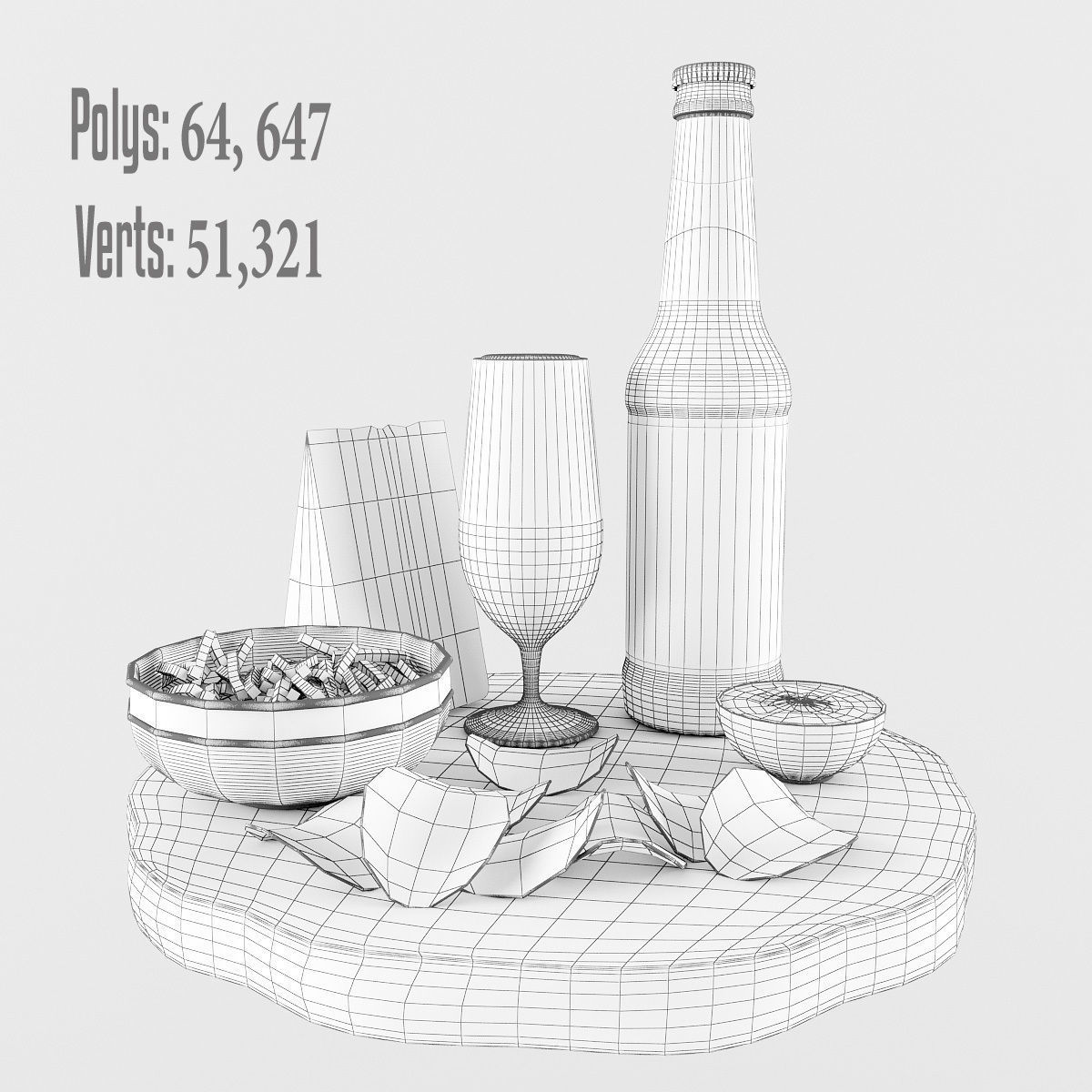 Beer Set with glass of and chips on wooden board 3D model_2