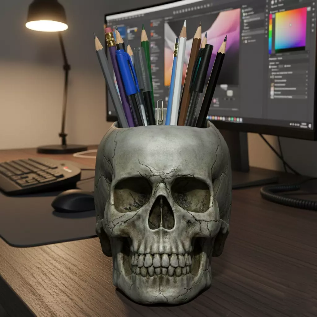 Realistic Human Skull Pen Stationery Holder 3D print model