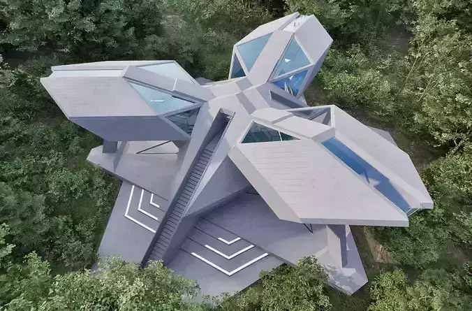 Sci-Fi brutalist buiding Low-poly 3D model