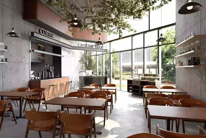 Industrial style cafe Low-poly 3D model