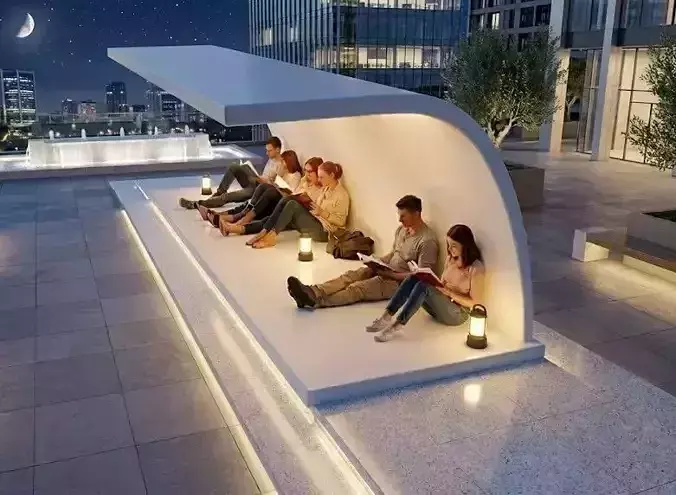 Modern Minimalist Curved Shelter Monolithic Wooden Park Bench Low-poly 3D model 4