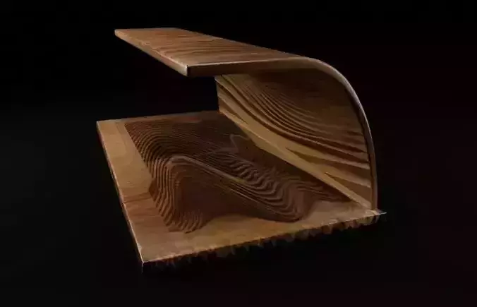 Modern Minimalist Curved Shelter Monolithic Wooden Park Bench Low-poly 3D model 2