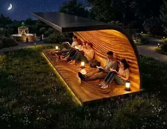 Modern Minimalist Curved Shelter Monolithic Wooden Park Bench Low-poly 3D model 3