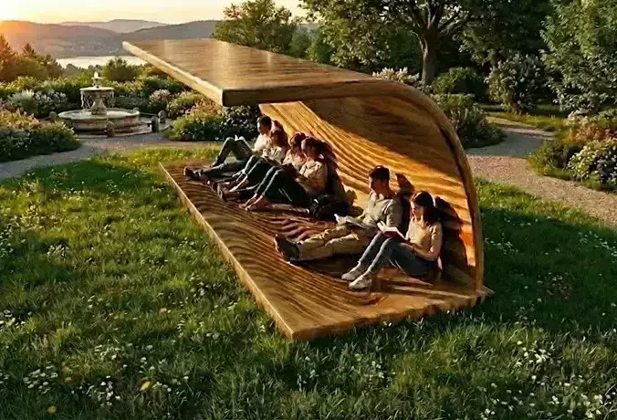 Modern Minimalist Curved Shelter Monolithic Wooden Park Bench Low-poly 3D model