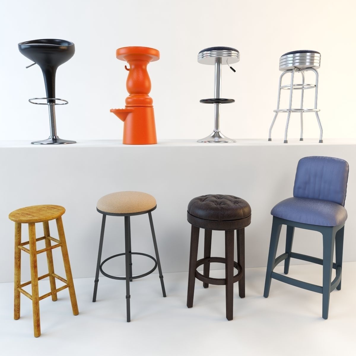 Bar stool set 8 items 3D model_0