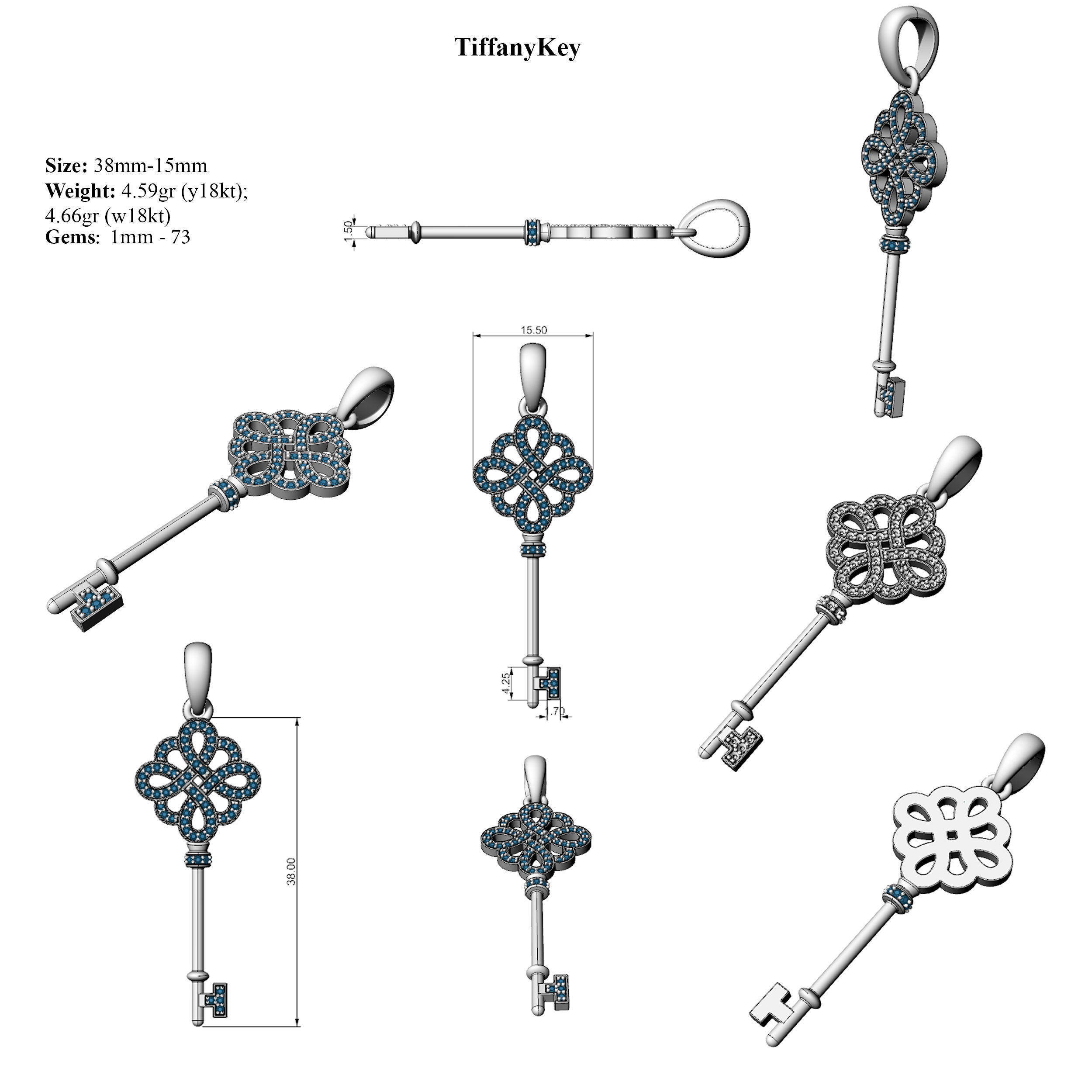 TiffanyKey gold key pendant with diamonds 3D print model_4