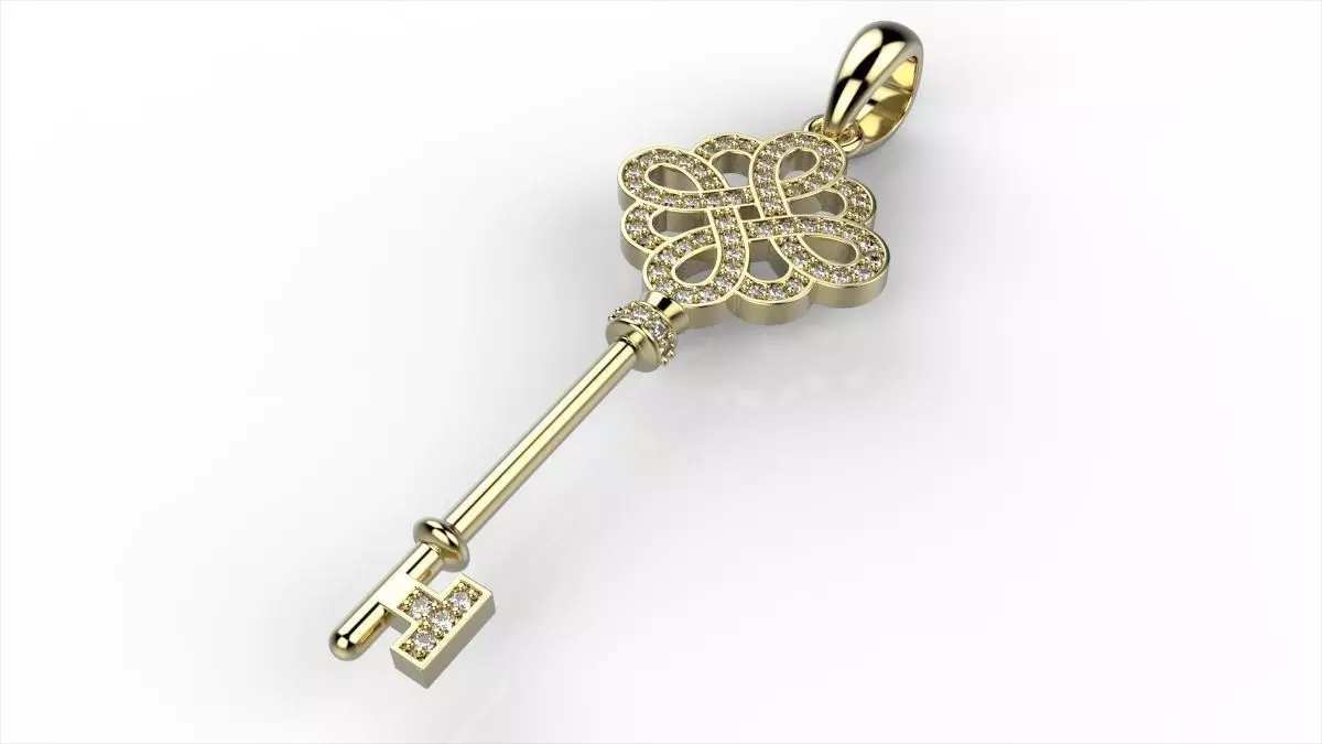 TiffanyKey gold key pendant with diamonds 3D print model_0