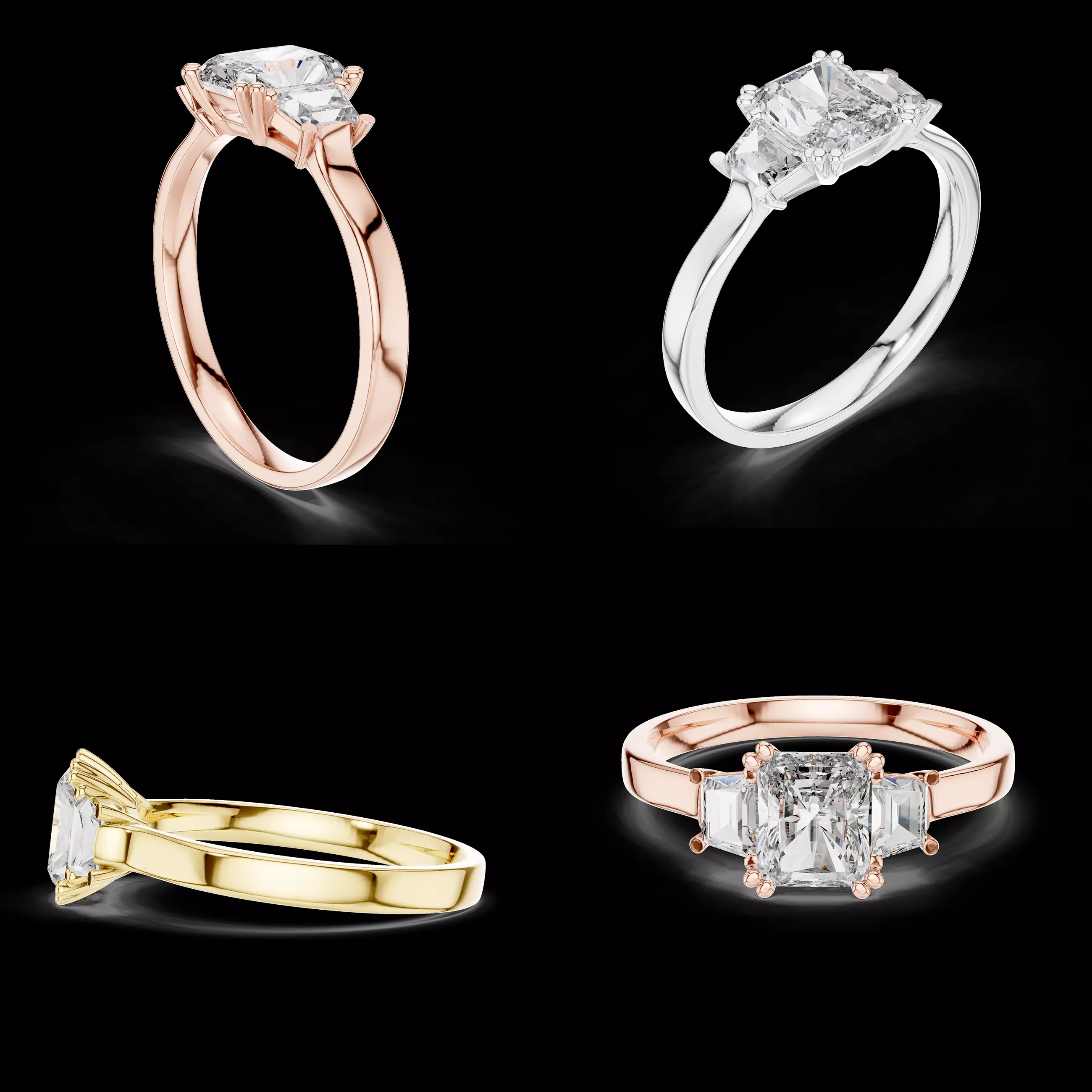 Emerald Cut Three Stone Diamond Engagement Ring CAD Design 3D print model