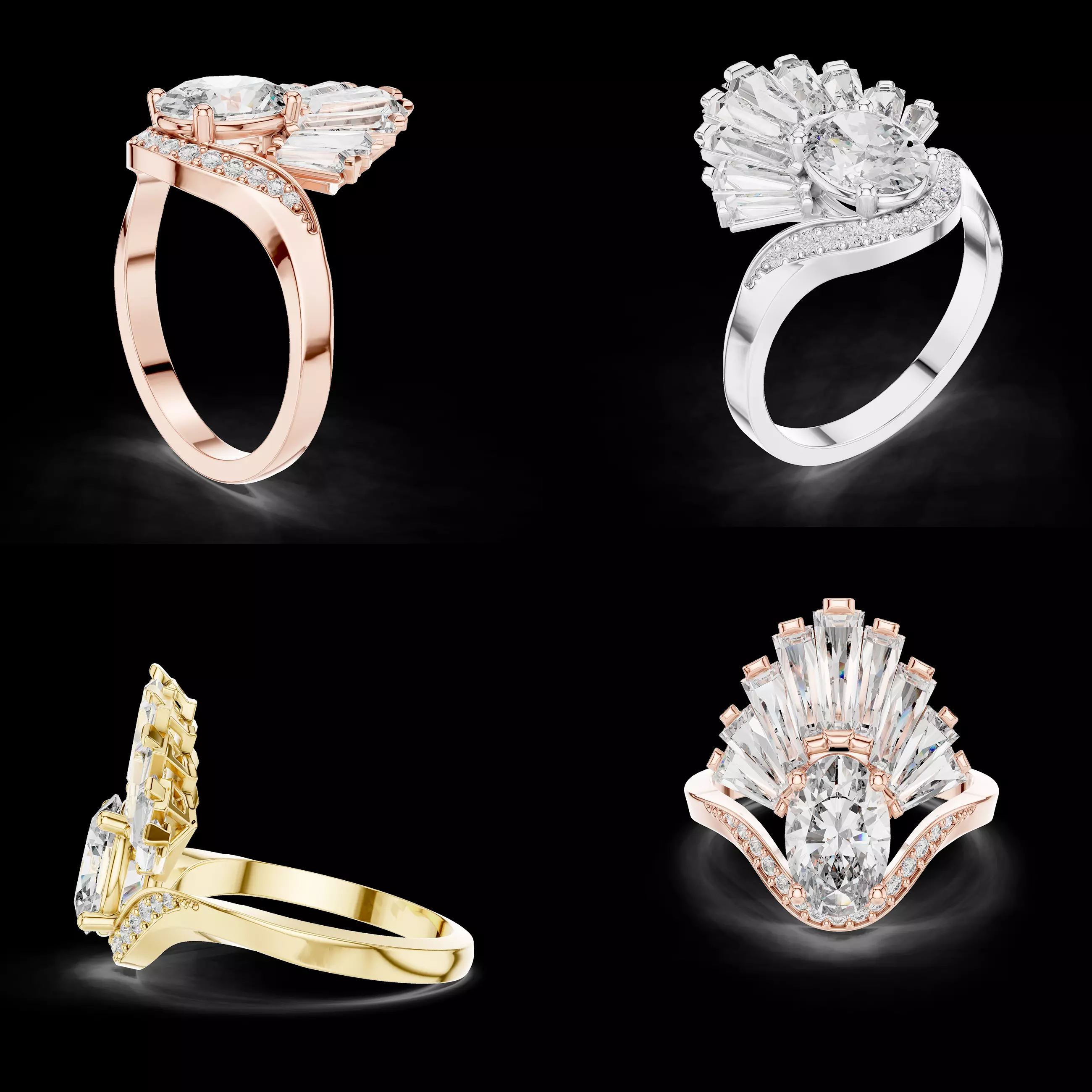 Baguette Fan Halo Engagement Ring CAD Design 3D print model