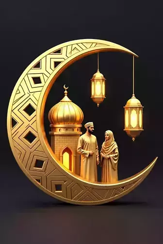 Muslim Couple Mosque Moon Ramadan 3D
