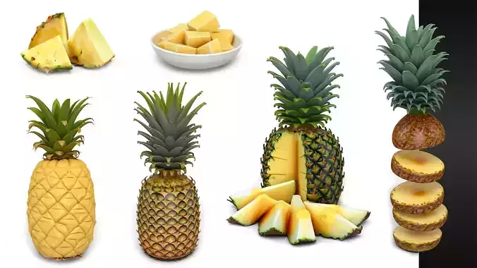 Juicy Yellow Pineapple Bundle - Tropical High Poly Collection 3D print model