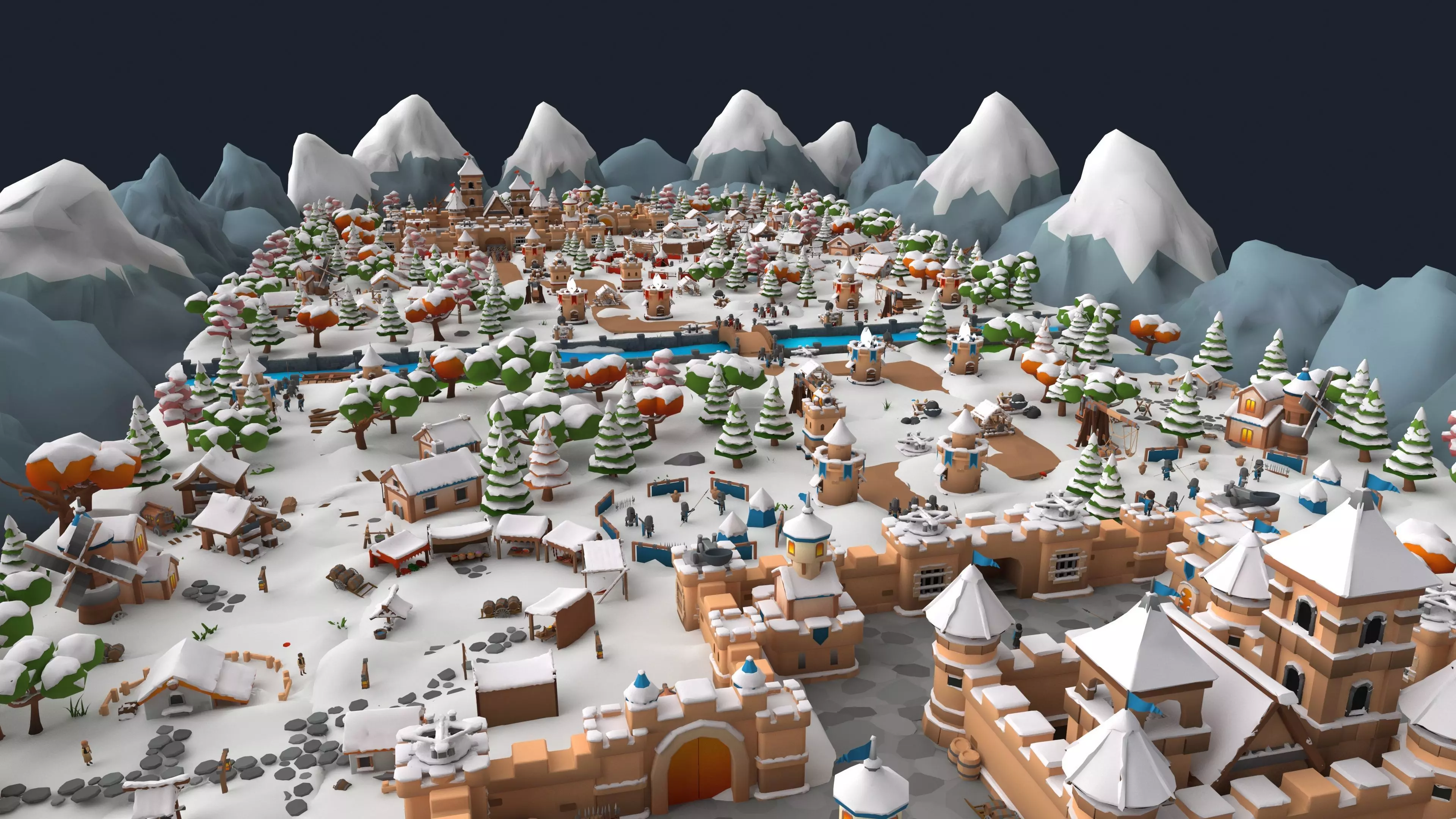 Stylized Cartoon Snow Fantasy Kingdom 3D Scene Model Low-poly 3D model