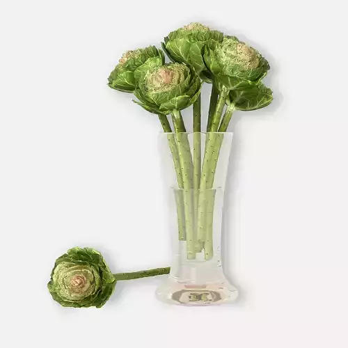 Brassica artichoke stems in glass vase 3D model