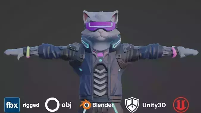 Cyberpunk Cat 3D Character Model For Unity3D And Unreal Ready Low-poly 3D model