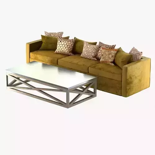 Green Velvet sofa with pillows and cross table