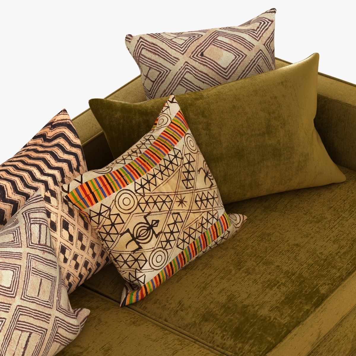 Green Velvet sofa with pillows and cross table 3D model_3