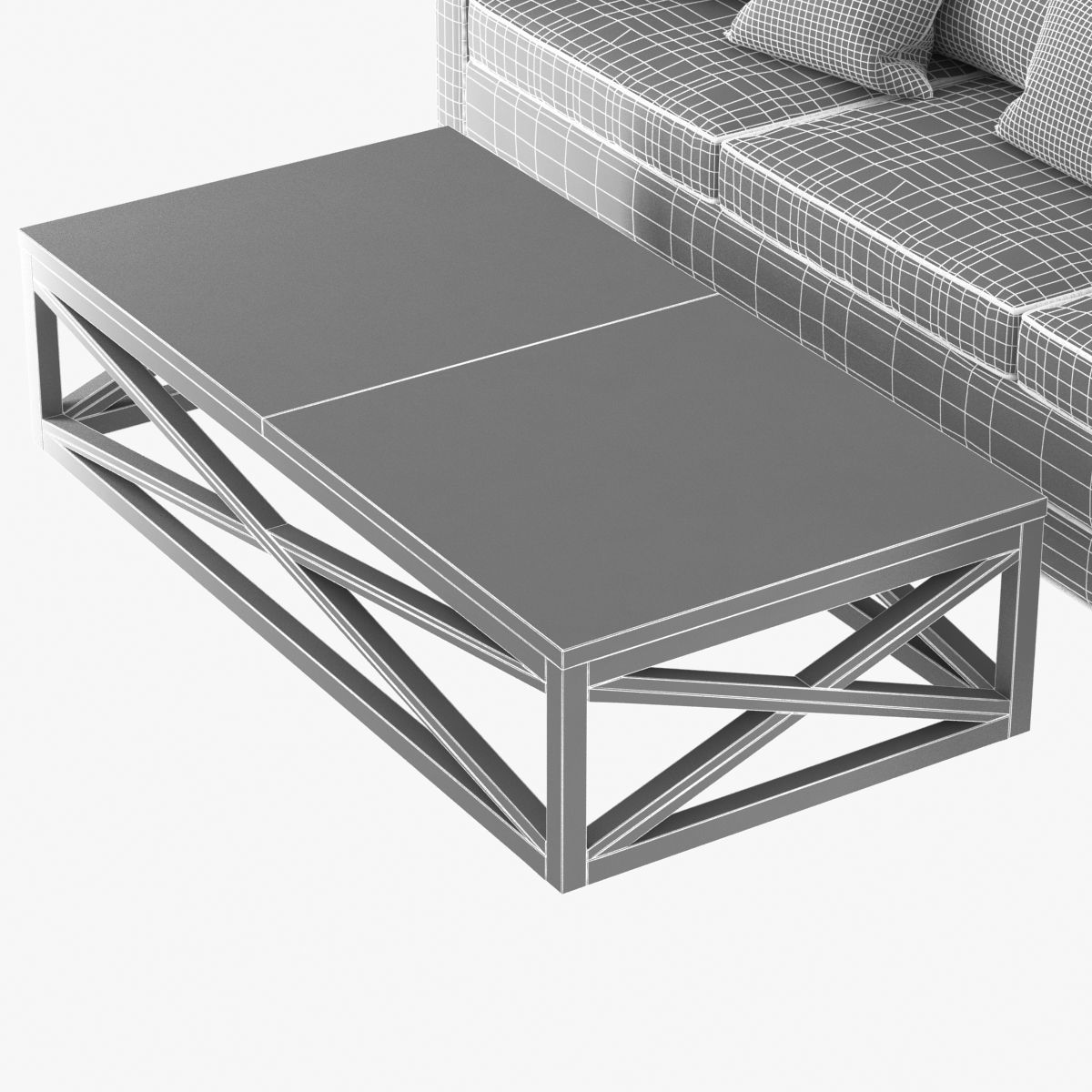 Green Velvet sofa with pillows and cross table 3D model_10