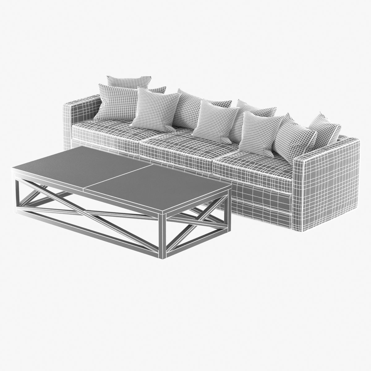Green Velvet sofa with pillows and cross table 3D model_5