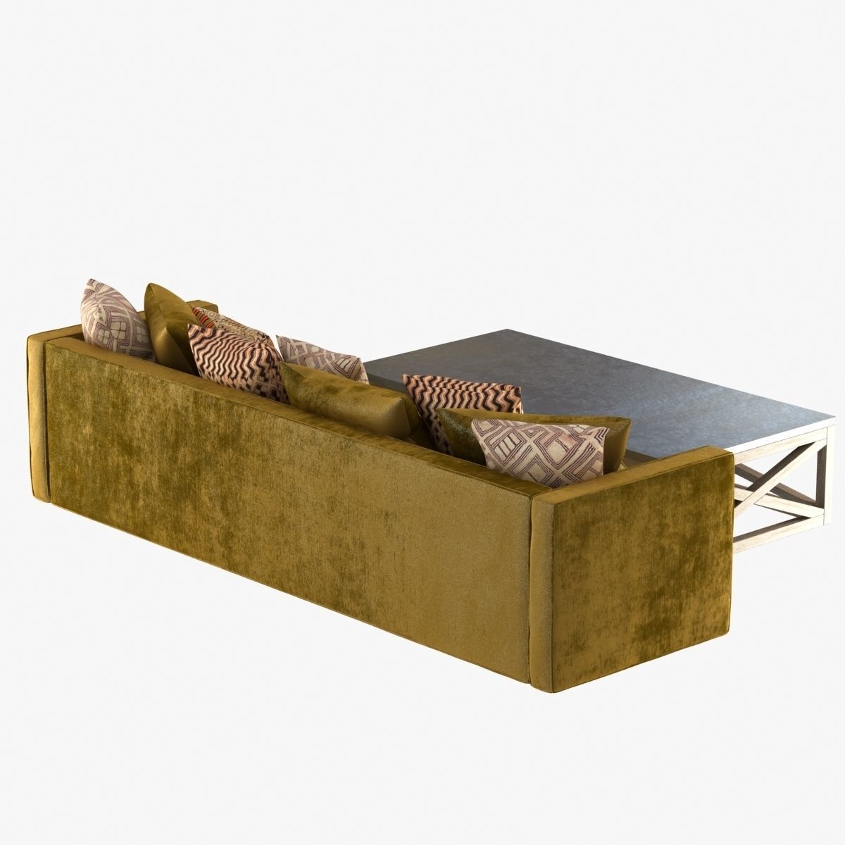 Green Velvet sofa with pillows and cross table 3D model_1