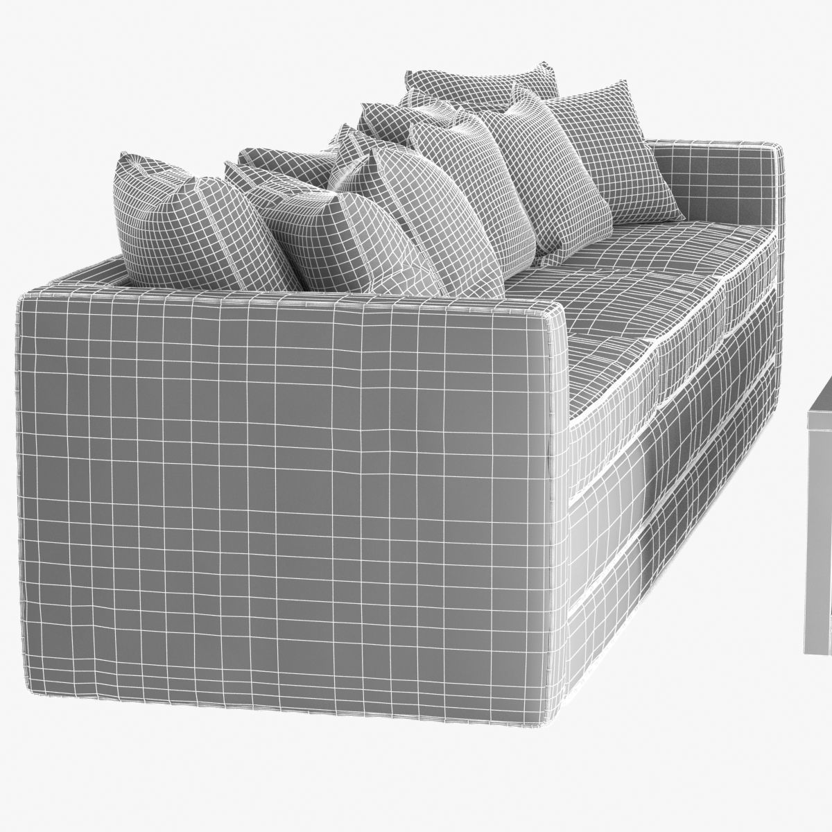 Green Velvet sofa with pillows and cross table 3D model_7