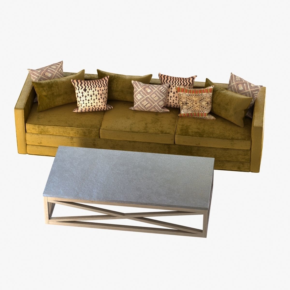 Green Velvet sofa with pillows and cross table 3D model_6