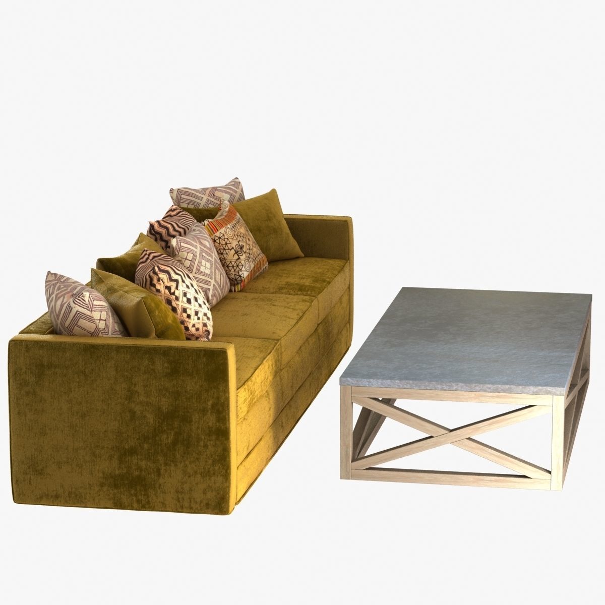 Green Velvet sofa with pillows and cross table 3D model_2