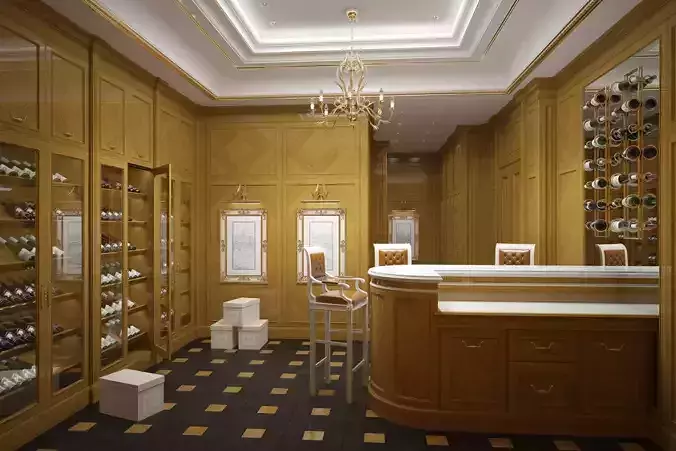 Winery wine room with wooden cabinets and chandelier 3D model