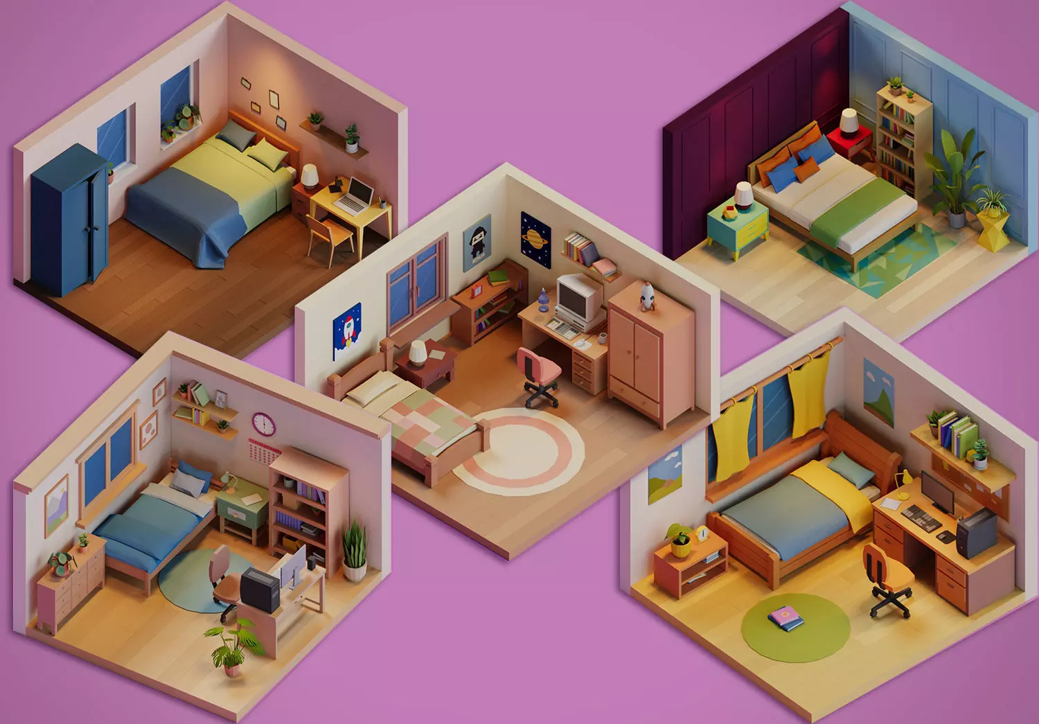 Stylized Bedroom Collection Low-poly 3D model