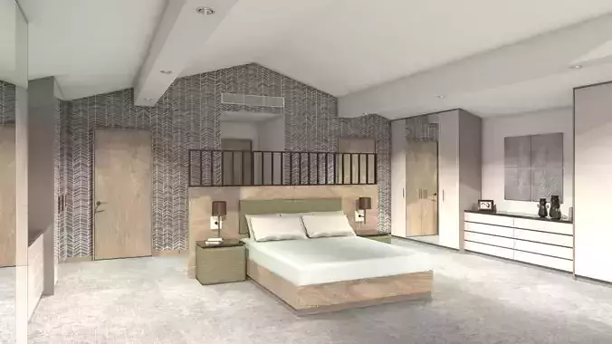 Bedroom with bed and stairs