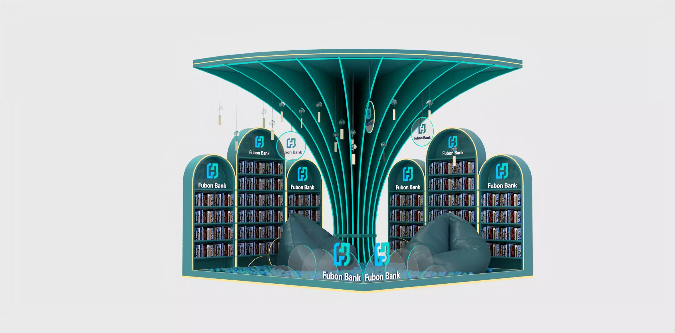 Modern Brand Pavilion Library Booth with Tree Canopy Structure 3D model