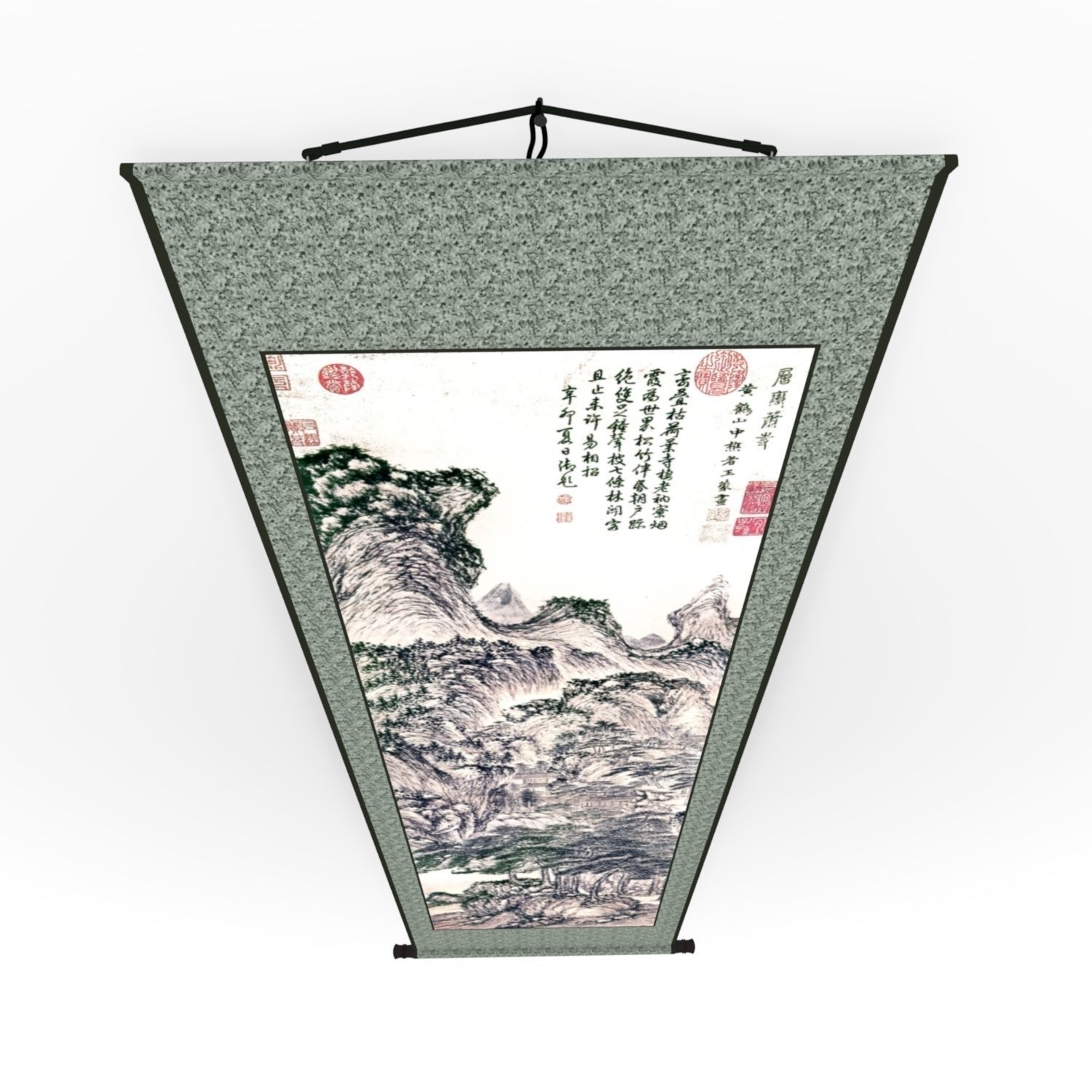 Chinese Hanging Scroll Brush Painting - Chinese Mountain Scenery Low-poly 3D model_8