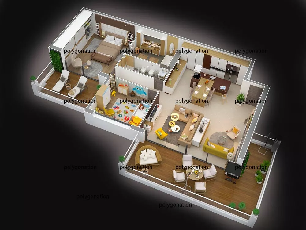 3d floor plan detailled modern 3D model_0