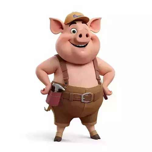 Stylized 3D Cartoon Carpenter Pig Character