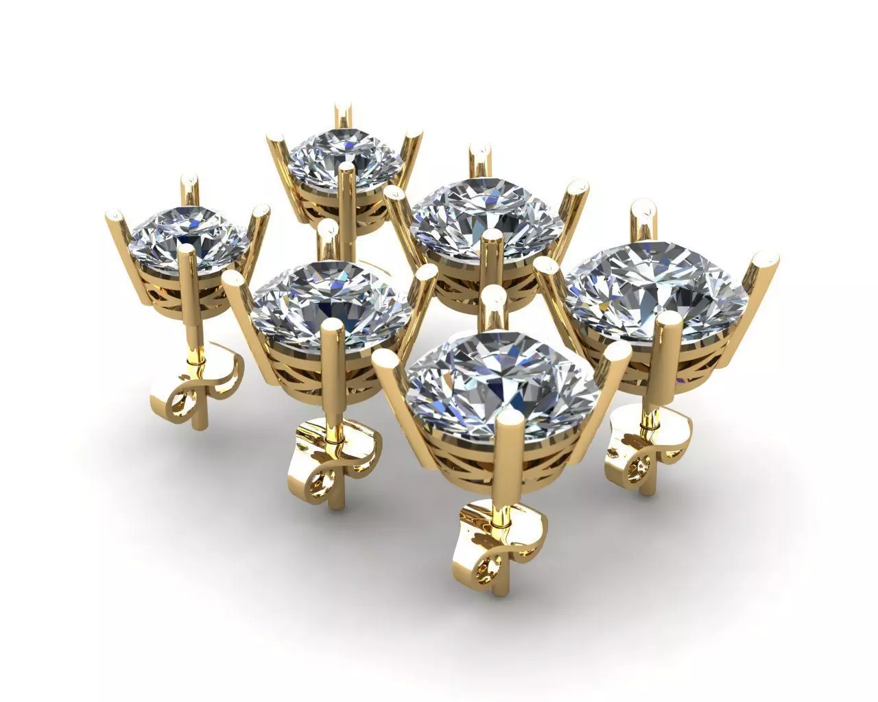 Pack of 1ct 2ct and 3ct diamond studs with push 3D print model