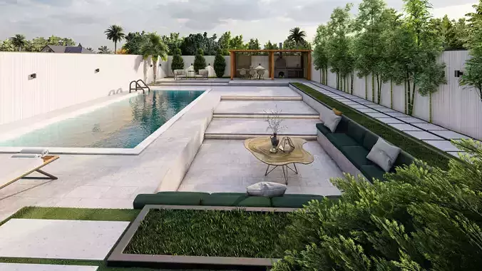 Modern Villa Landscape Backyard Design  Pool Pergola BBQ Area