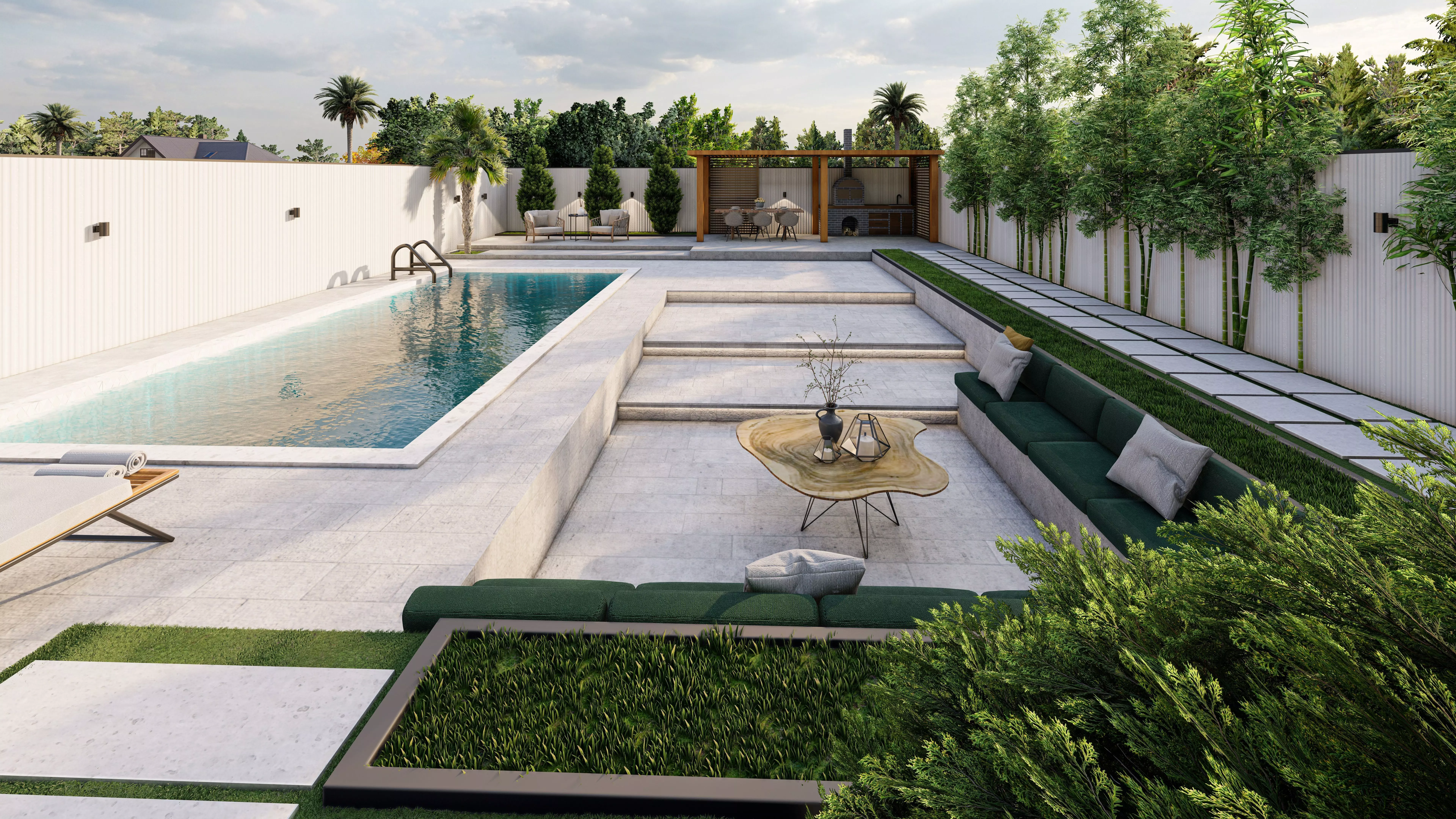 Modern Villa Landscape Backyard Design Pool Pergola BBQ Area 3D model