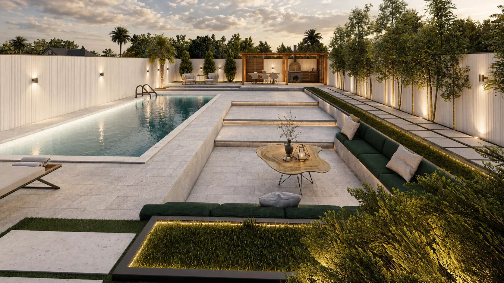 Modern Villa Landscape Backyard Design Pool Pergola BBQ Area 3D model