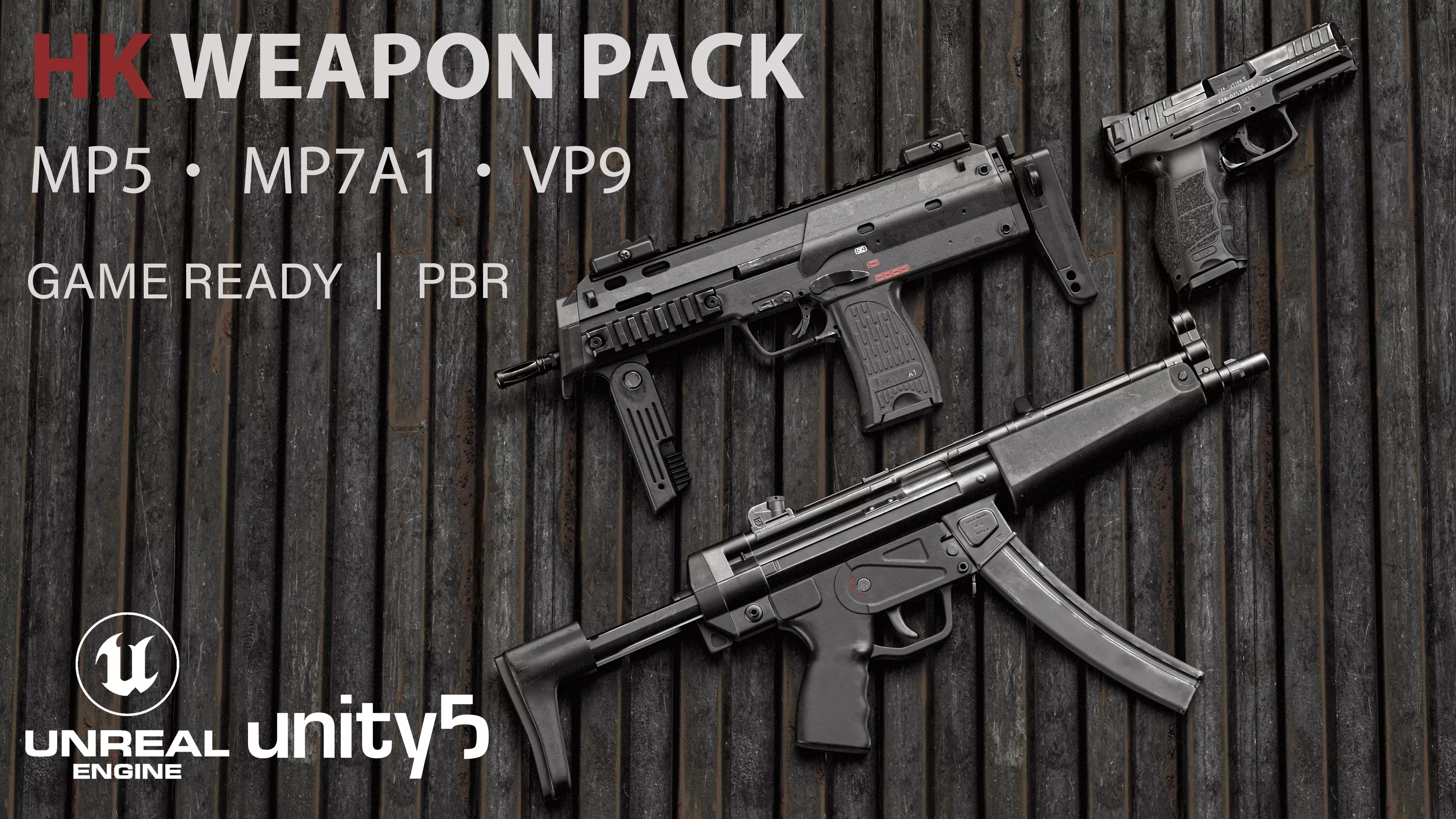 HK Weapon Pack MP5 MP7A1 VP9 Game ready BPR Low-poly 3D model